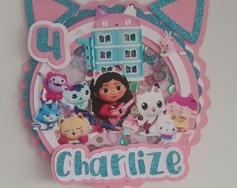 Cake topper shaker - Paper decoration for birthday cake - gabbys dollhouse - magic house - cat - glitter
