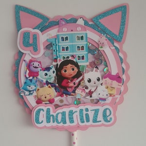 Shaker per cake topper - Decorazione in carta per torta di compleanno - casa delle bambole Gabbys - casa magica - gatto - glitter