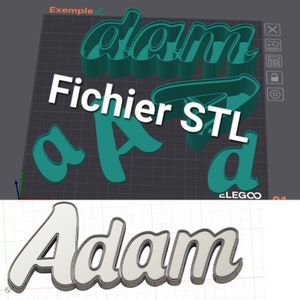 May include: A 3D model of the name "Adam" in a white, cursive font with a black outline. The model is shown on a gray grid background.
