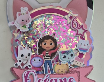 Cake topper shaker - Paper decoration for birthday cake - gabbys dollhouse - magic house - cat - glitter
