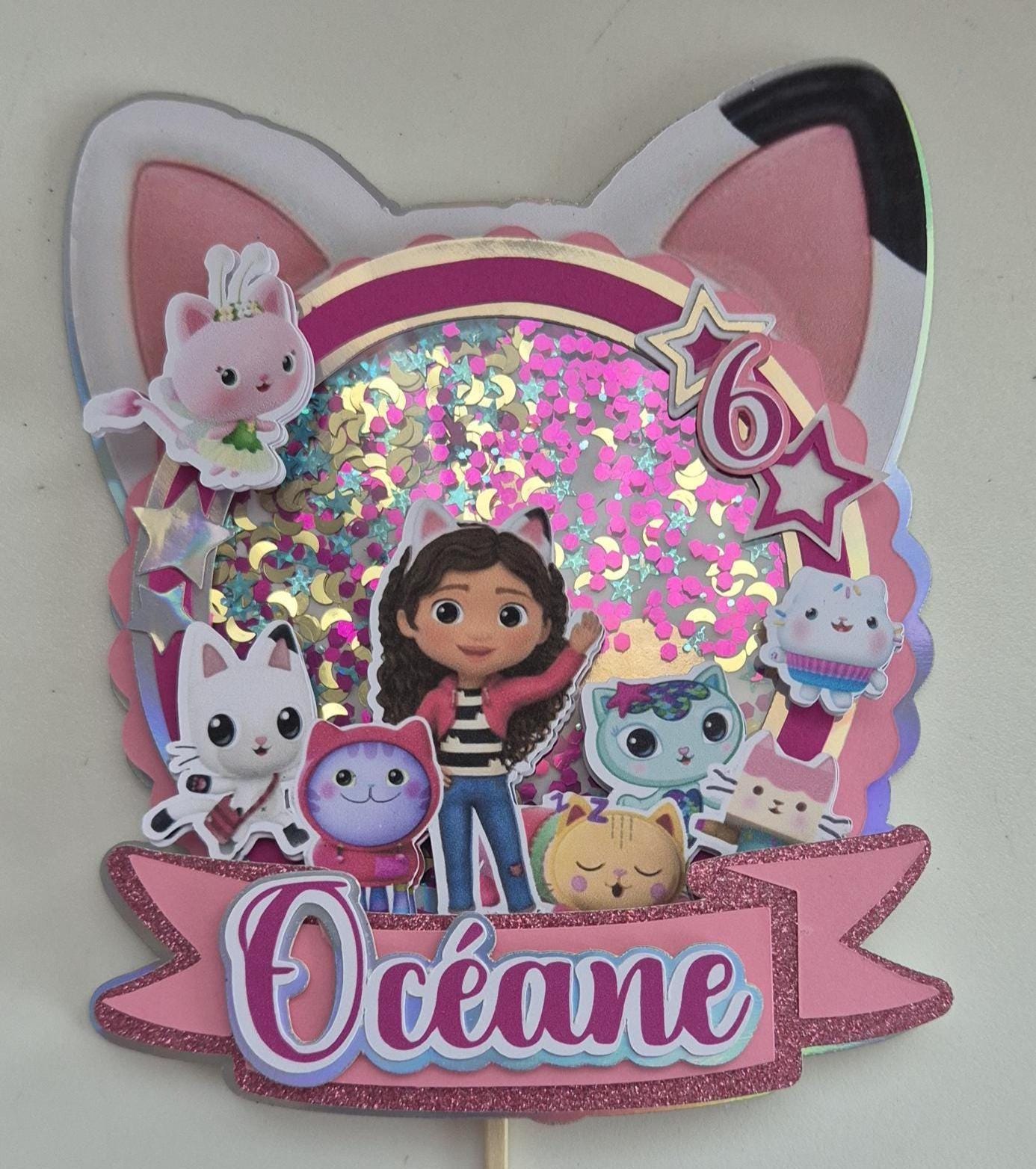 Cake topper shaker - Paper decoration for birthday cake - gabbys dollhouse - magic house - cat - glitter
