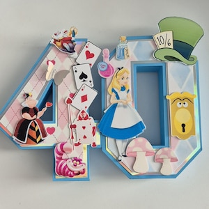 Número 3D - Decoración de fiesta - Personalizable - Tema de Alicia en el País de las Maravillas - Bautizo - Cumpleaños - Festivo