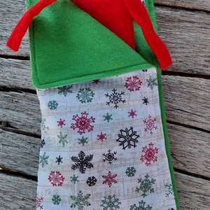 Elf sleeping bag and pillow  off white with red and green snowflakes  print FREE SHIPPING