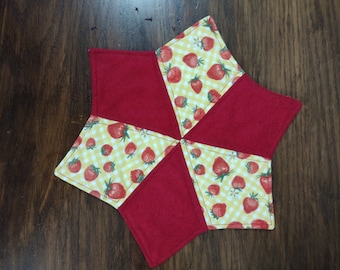 strawberry fabric red and yellow Star candle mat mug rug FREE SHIPPING