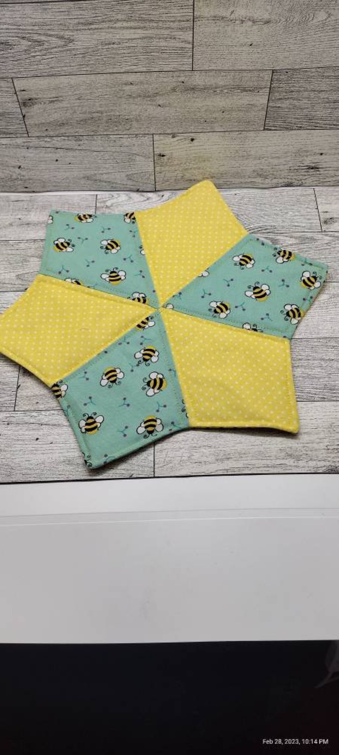 Pretty Green Fabric With Bumblebee Bee Fabric Star Candle Mat Mug Rug ...