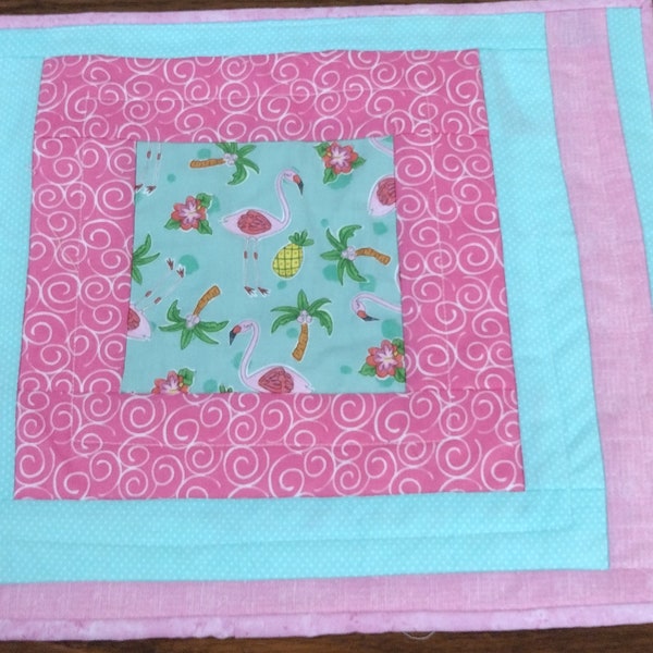 Pink green flamingo placemat