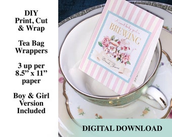 Baby is Brewing Tea Party Baby Shower Teabag wrapper, DIY Print and Cut - Boy or Girl - Shabby Chic Pastels, Bridgerton High Tea, Part-Tea
