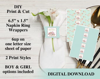 Baby is Brewing Tea Party Baby Shower Napkin Ring Wrapper , DIY Print and Cut - Boy or Girl - Shabby Chic Pastels, High Tea, Part-Tea