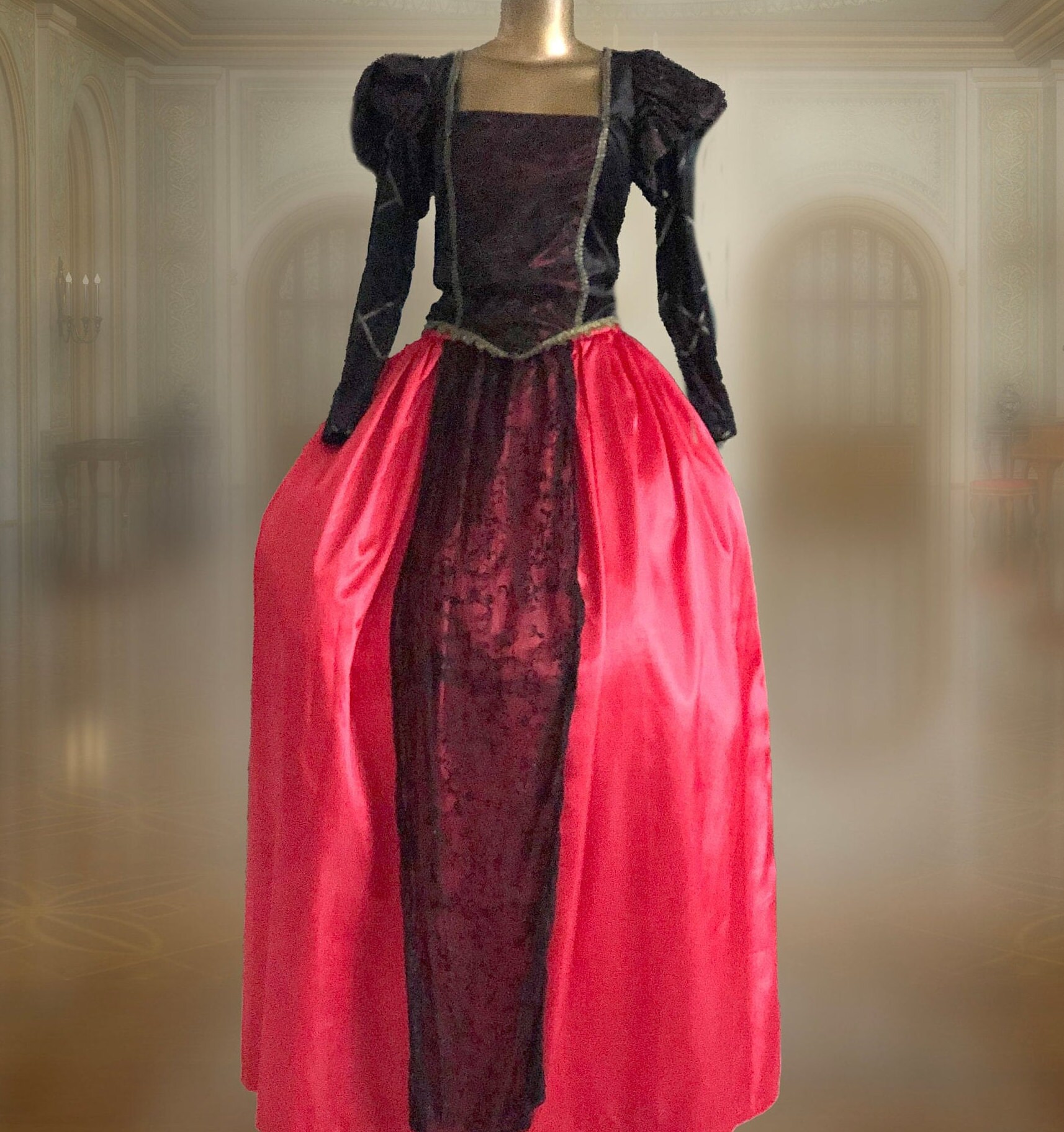 Bridgerton Style Regency Gown: Red Burgundy Velvet Costume (Size M)