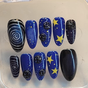 Coraline Inspired Halloween Press On Nails| Blue Star Nails| Spooky Galaxy Nailart | Movie Inspired Fake Nails