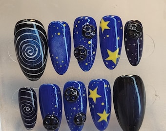 Coraline Inspired Halloween Press On Nails| Blue Star Nails| Spooky Galaxy Nail Art | Movie Inspired Fake Nails