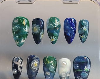 Monet Water Lilies Press On Nails| Blue Green Artistic Nails| Van Gogh Inspired Art Nails | Floral Fake Nail Set