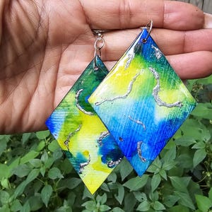 Unique Handcrafted Bold & Vibrant Blue, Green, and Yellow Earrings| Unique Resin Jewelry, Gift for Mom, Gift for Her, Statement Earrings