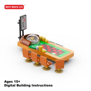 May include: A brick-built casino roulette table set featuring a brown table, four orange chairs, a clear dome roulette wheel, stacks of yellow and silver chips, and a vertical scoreboard display with the text 31, 13, 11, 31, 4, 27, 7.