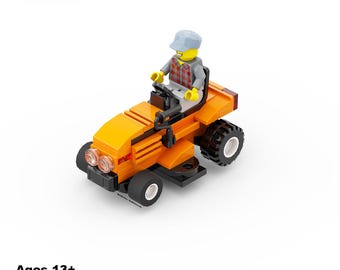May include: A miniature orange and black toy lawnmower with a Lego figure sitting in the driver's seat. The figure is wearing a blue and white hat and a red and black plaid shirt. The toy is labeled "Best Brick Co."