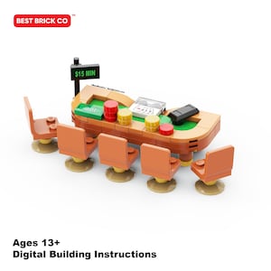May include: A brick-built casino table set featuring five orange chairs, a green felt surface, stacks of red and yellow chips, a card shoe with playing cards, and a black sign displaying $15 MIN. The set includes the Best Brick Co logo.