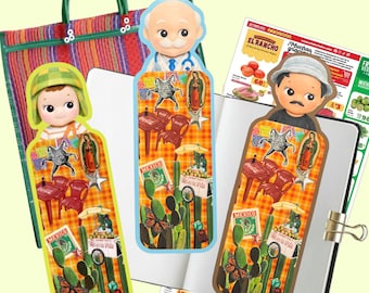 May include: Three bookmarks featuring cartoon character heads atop rectangular bodies with collage-style imagery of cacti, butterflies, Mexican cultural icons, and Coca-Cola branding. The bookmarks are displayed against a colorful woven bag and a grocery flyer.