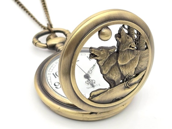 Bronze Face Men's Howling Wolves Pocket Watch Chain Ornate Wolf Quartz Mens Gift Bronze Face Men's Howling Wolves Pocket Watch Chain Ornate Wolf Quartz Mens Gift