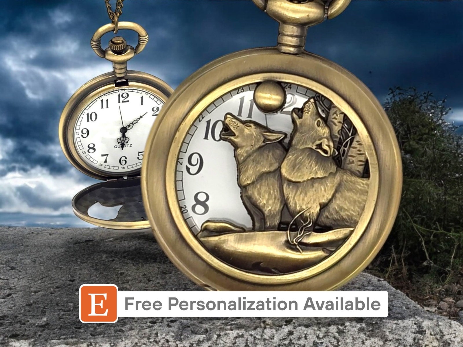 New Wolf wolves Howling at the moon pocket watch Howling Wolves Bronze Face Mens Pocket Watch Ornate Rwanda  main image 3