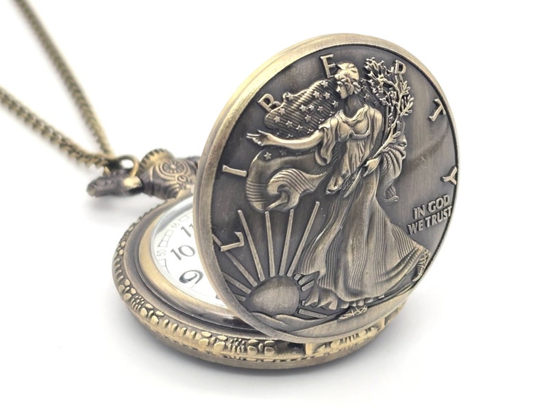 Walking Liberty Pocket Watch - Vintage Coin Style, Rare Collectible Personalized Keepsake Gift for Collectors Silver Dollar Antique Watch image 2