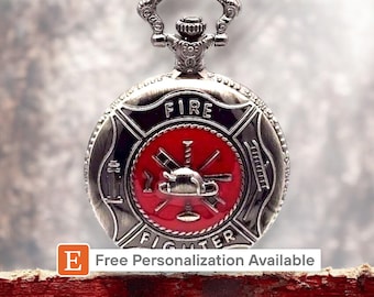 Reloj de bolsillo de bombero: regalo único para bombero, de inspiración vintage, en plata, con incrustaciones rojas.
