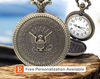 Navy Sailor Pocket Watch - Personalized US Navy Keepsake, Military Retirement & Graduation Gift, Vintage Bronze Pendant Watch