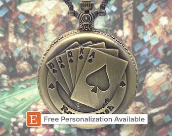 Reloj de bolsillo Royal Flush Poker – Regalo para amantes del casino y los jugadores, pieza de colección única de crupier de cartas vintage