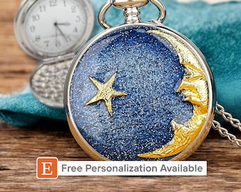 Reloj de bolsillo Luna y Estrella - Collar Celestial de Plata Personalizado, Regalo Cielo Nocturno para Soñadores, Observadores de Estrellas y Astrónomos