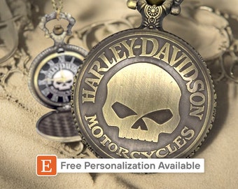 Motorrad Taschenuhr - Geschenk für Biker Vintage Look Schädel Anhänger Quarz Uhr für Herren Individuelle Gravur möglich