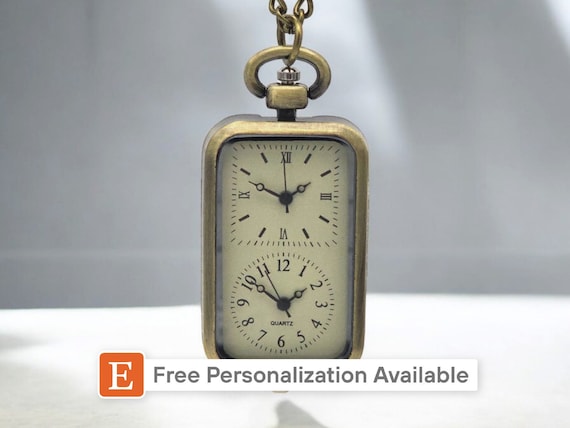 Vintage Look Dual Time Zone Pendant Watch - Brass Necklace, Retro