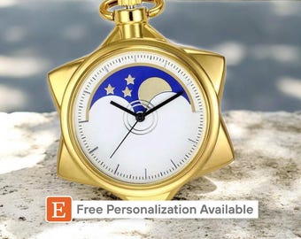 Relógio de Bolso com Pingente Estrela Dourada Inspirado em Anime – Colar Celestial com Lua e Estrelas para Cosplay, Presentes Japoneses e Personalizados