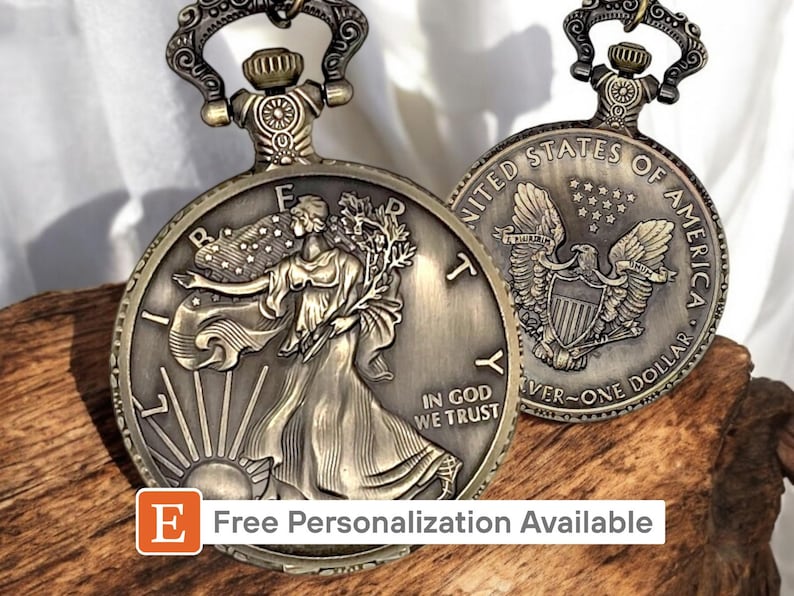 Walking Liberty Pocket Watch - Vintage Coin Style, Rare Collectible Personalized Keepsake Gift for Collectors Silver Dollar Antique Watch image 1