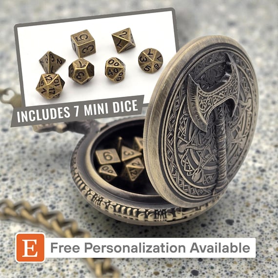 Pocket Axe Mini Dice Holder – Metal RPG Dice Case with 3D Relief – Includes Full Dice Set – Fantasy Gamer Gift with Free Personalization