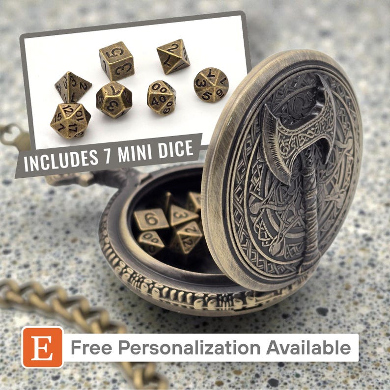 Pocket Axe Mini Dice Holder – Metal RPG Dice Case with 3D Relief – Includes Full Dice Set – Fantasy Gamer Gift with Free Personalization image 1