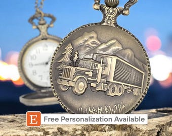 Trucker Pocket Watch - Gift for Trucker Drivers Vintage Bronze Finish, Personalized for Husband Dad Big Rig 18 Wheeler Collectors and Gifts