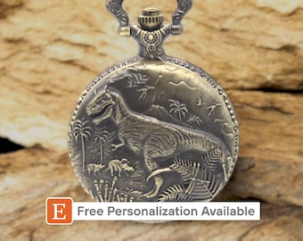 Dinosaur Pocket Watch T-Rex Gift Dino Fans Prehistoric Theme NEW Vintage Bronze Look