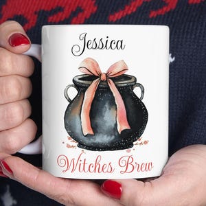 Witch Cauldron Ribbon Ceramic Mug, personalized name, Gothic Halloween Spells & Potions theme cup, gifts for witches