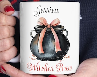 Witch Cauldron Ribbon Ceramic Mug, personalized name, Gothic Halloween Spells & Potions theme cup, gifts for witches
