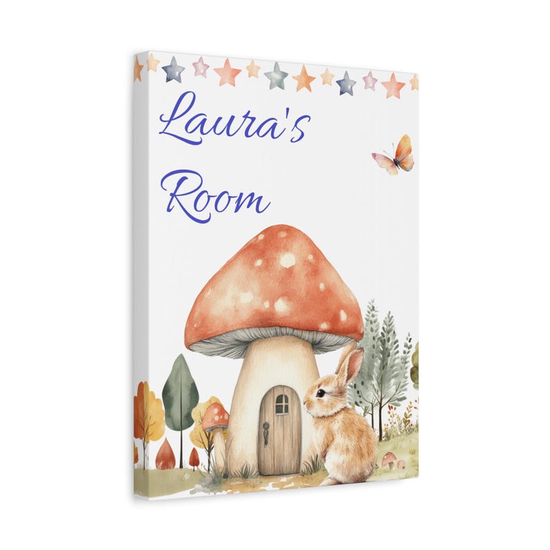 Bunny Rabbit Mushroom House, Personalized Nursery Stretched Canvas ...