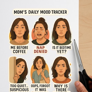 Adesivi divertenti per l'umore della mamma - Foglio stampabile per monitorare l'umore quotidiano della mamma, citazioni genitoriali pertinenti, download immediato per diari o regali