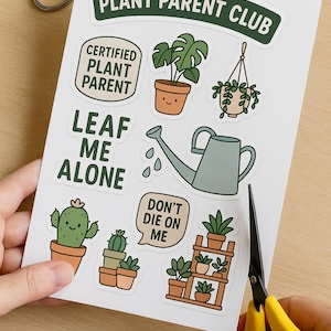 Plant Parent Club Printable Stickers – Cute Houseplant Sticker Sheet for Journaling, Planners, Scrapbooking, Digital Download – Cricut Ready