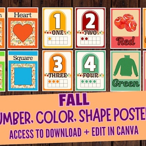 Pósteres de colores, formas y números de otoño / Decoración del aula / Decoración del aula con temática de otoño / Recursos para docentes / Pósteres de pared de temporada / Tema de otoño