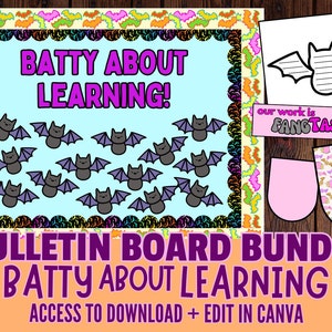 Puede incluir: Un conjunto de tablero de anuncios con un borde colorido y murciélagos. El título del tablero es "Batty About Learning!" y el texto "Our work is Fangtastic!" está en una pancarta rosa. El tablero está diseñado para uso en el aula.