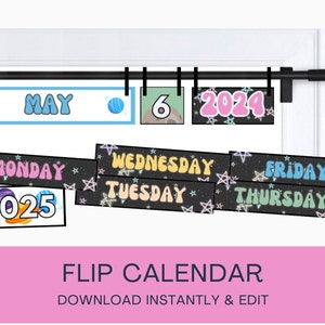 May include: A printable flip calendar with a space theme. The calendar includes the months of May and June, the days of the week, and the years 2024 and 2025. The calendar is decorated with planets, stars, and a rocket ship.