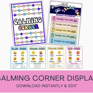 May include: A printable classroom display for a calming corner. The display features a title card with the words "Calming Corner" in colorful letters, surrounded by stars. There are four additional cards with different color zones: blue, green, yellow, and red. Each zone has a set of emojis representing different emotions and a list of strategies for managing those emotions.