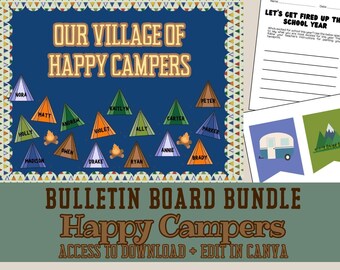 Happy Campers Bulletin Board Bundle | Camping Classroom Decor (Canva Editable, Digital Download)
