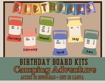 Birthday Board Kits | Camping Adventure Classroom Decor | Camping Nature Outdoor Theme | Class Birthday Celebration | Birthday Bulletin