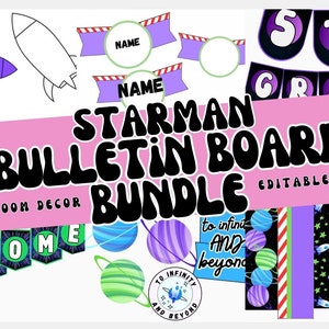 Può includere: Un set di bacheche per la classe a tema spaziale. Il set include uno striscione di benvenuto, cartellini con i nomi, un razzo, pianeti e uno striscione di 5a elementare. Il testo "STARMAN BULLETIN BOARD BUNDLE" è in grandi lettere nere. Il testo "EDITABLE IN CANVA" è in lettere nere più piccole. Il set è progettato per la decorazione della classe.
