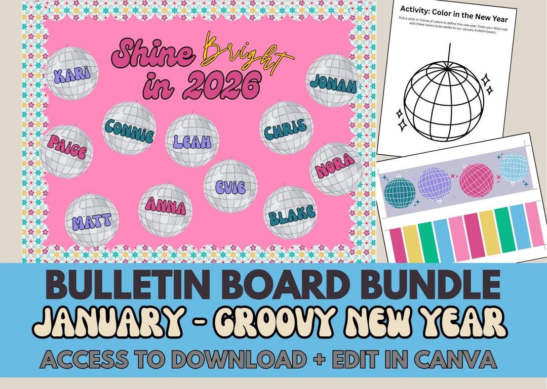 January Groovy New Year Bulletin Board | Disco Classroom Decor Canva ...