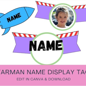 May include: Printable name tags with a space theme. The tags feature a rocket, a banner with red and white stripes, and a circle with the word "NAME" in black. The tags are designed to be edited and downloaded.